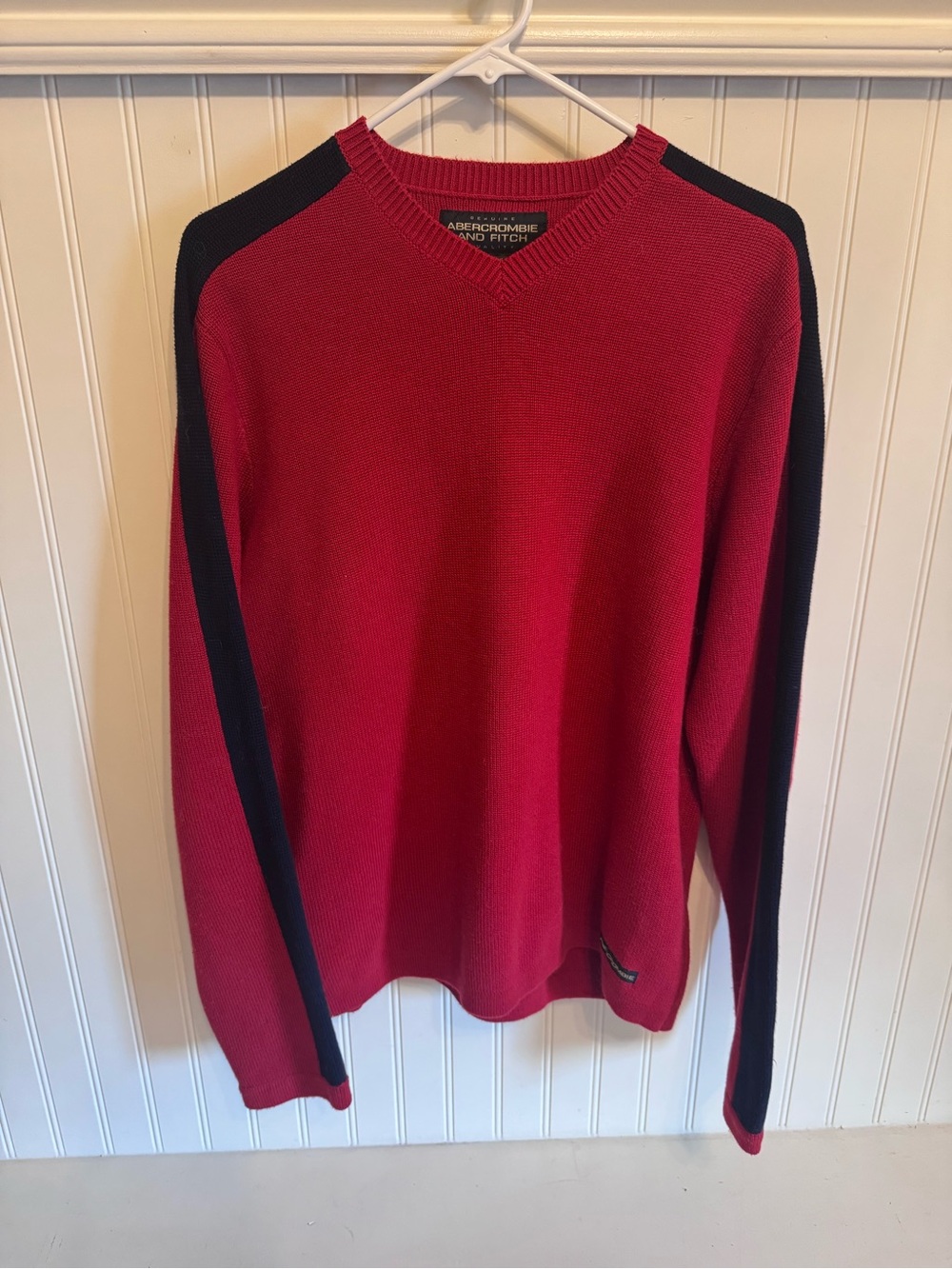 VTG Abercrombie & Fitch Red Knit V-Neck Sweater Side Stripe Men's Large